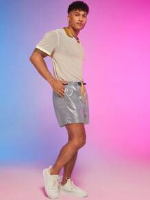 Manfinity Fever City Lỏng lẻo Nam Kim loại Quần short Với dây rút Eo - Bạc - Xem 3