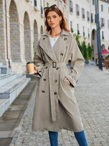 SHEIN BIZwear Double Breasted Belted Trench Coat - Khaki - View 3