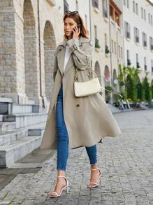 SHEIN BIZwear Double Breasted Belted Trench Coat - Khaki - View 5