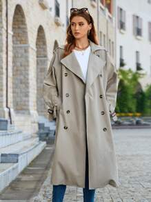SHEIN BIZwear Double Breasted Belted Trench Coat - Khaki - View 6