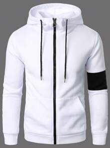 Manfinity Homme 男士撞色拼接拉链抽绳连帽衫，色块，长袖，拉链连帽衫，外出，男士拉链连帽衫，男士连帽衫，拉链连帽衫，秋季 - 白色 - 查看 1