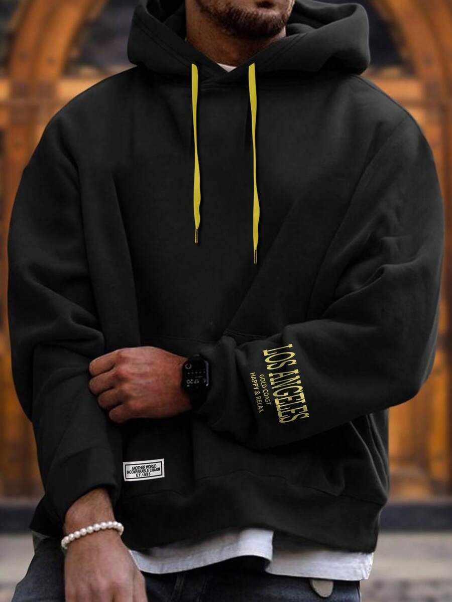 Manfinity Homme Nam Đồ họa Chữ cái Túi kangaroo Dây rút Hoodie - màu đen - Xem 1