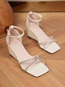 Sandalias cuña de mujeres con diamante de imitación decorado con tira tobillera - Beis - Ver 3