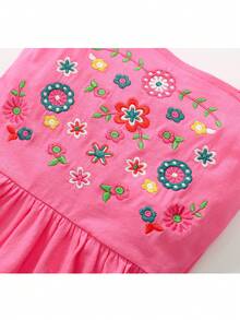 女小童花卉刺繡吊帶連衣裙 - 玫紅色 - 查看 4