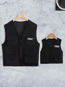 Manfinity Men Letter Patched Flap Pocket Vest Jacket - Black - View 4