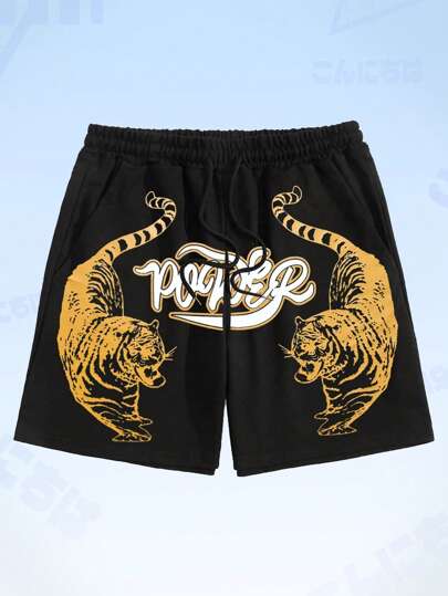 Anime Guys Tiger & Letter Graphic Drawstring Waist Shorts