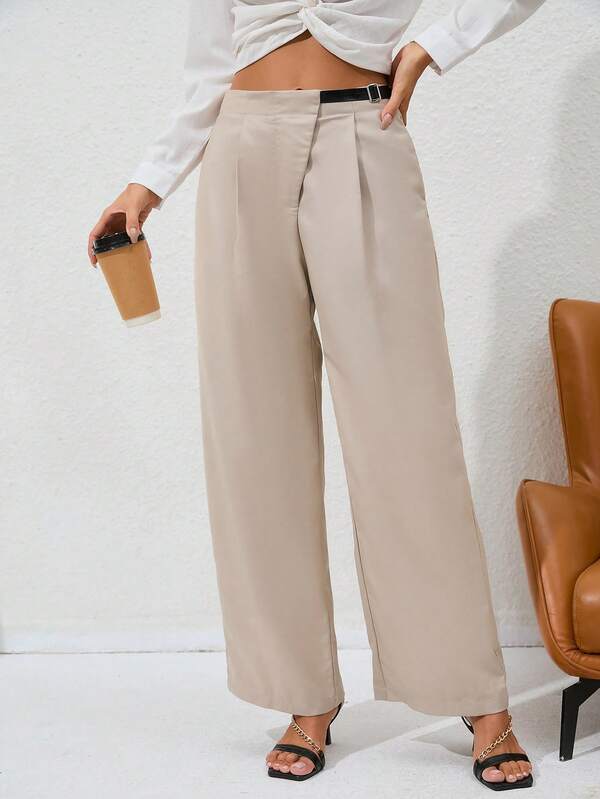 Buckle Detail Fold Pleated Detail Wide Leg Pants