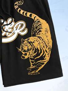 ROMWE MEN Anime 男士老虎和字母圖案腰部抽繩短褲 - 黑色 - 查看 3