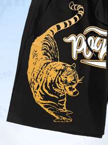 ROMWE MEN Anime 男士老虎和字母圖案腰部抽繩短褲 - 黑色 - 查看 4