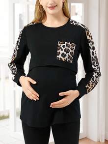 Maternity Leopard Panel Nursing Top - Black - View 3