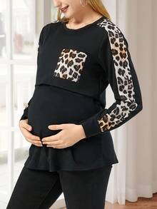 Maternity Leopard Panel Nursing Top - Black - View 4