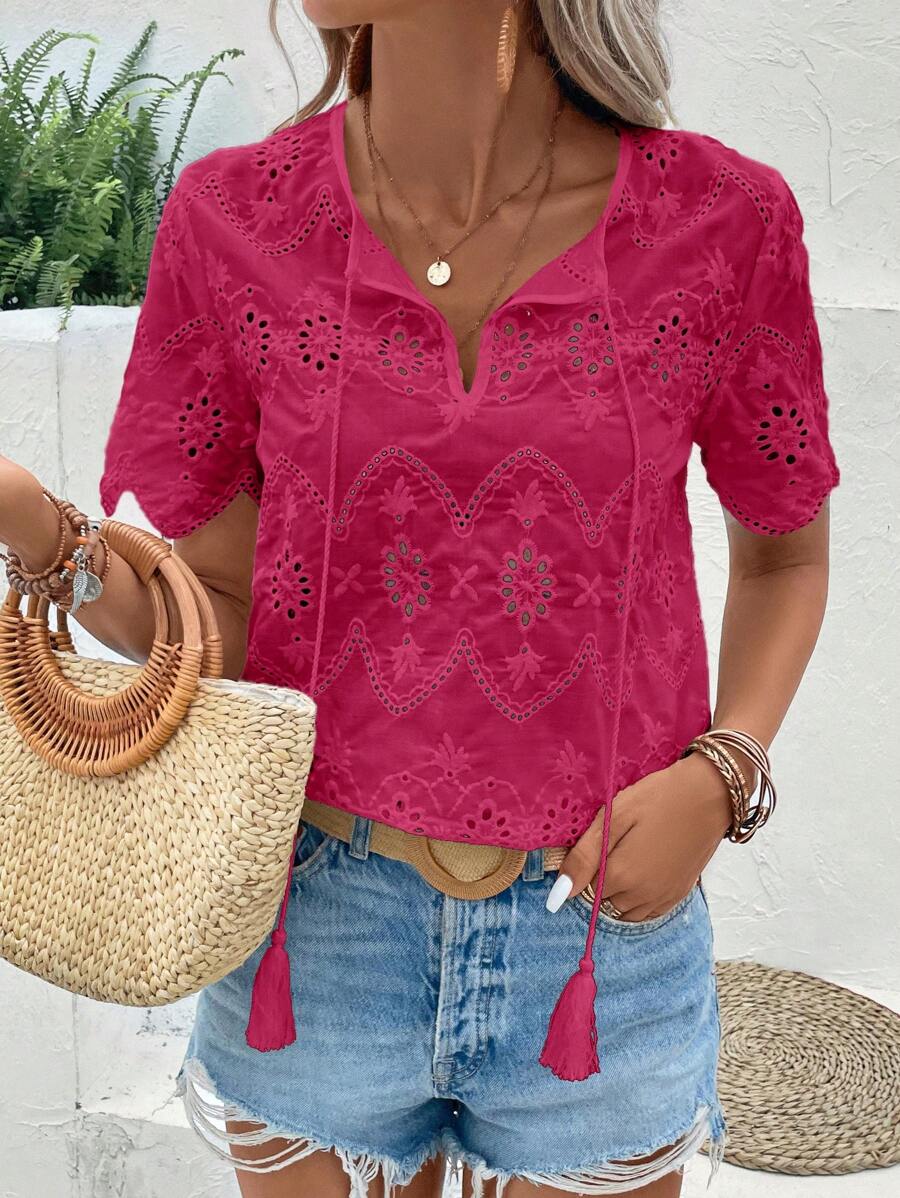 SHEIN LUNE 流蘇繫帶領網眼刺繡襯衫 - 玫紅色 - 查看 1