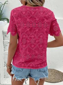 SHEIN LUNE 流蘇繫帶領網眼刺繡襯衫 - 玫紅色 - 查看 2