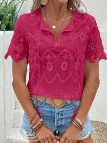 SHEIN LUNE 流蘇繫帶領網眼刺繡襯衫 - 玫紅色 - 查看 3