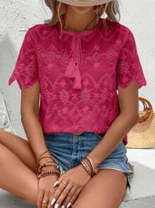 SHEIN LUNE 流蘇繫帶領網眼刺繡襯衫 - 玫紅色 - 查看 4