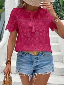 SHEIN LUNE 流蘇繫帶領網眼刺繡襯衫 - 玫紅色 - 查看 5