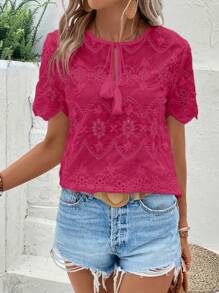 SHEIN LUNE 流蘇繫帶領網眼刺繡襯衫 - 玫紅色 - 查看 6