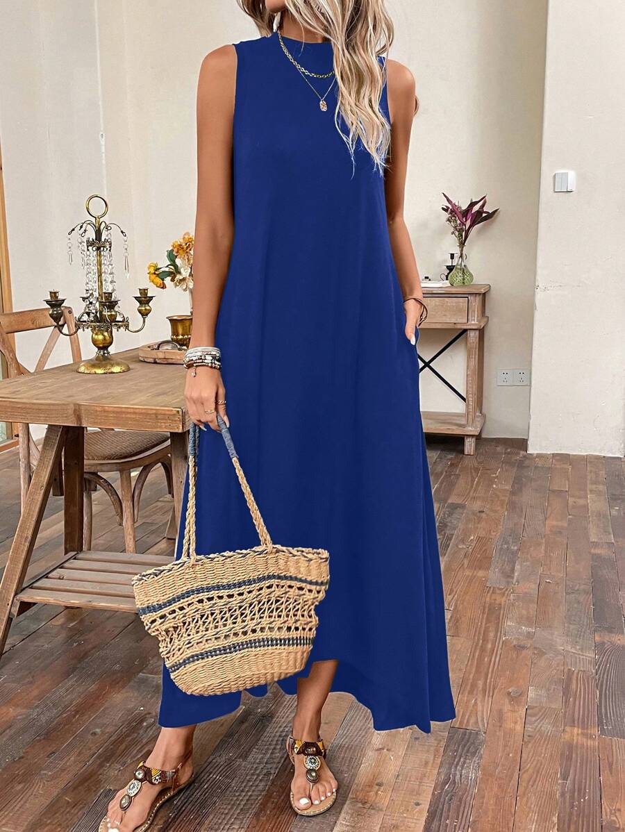 SHEIN LUNE Chất rắn Túi ẩn Váy ba lỗ - Màu xanh lam - Xem 1