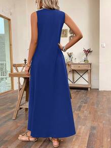 SHEIN LUNE Chất rắn Túi ẩn Váy ba lỗ - Màu xanh lam - Xem 2