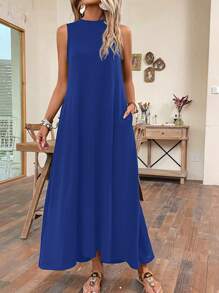 SHEIN LUNE Chất rắn Túi ẩn Váy ba lỗ - Màu xanh lam - Xem 4