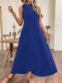 SHEIN LUNE Chất rắn Túi ẩn Váy ba lỗ - Màu xanh lam - Xem 5