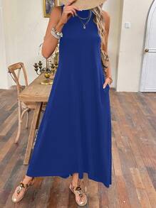 SHEIN LUNE Chất rắn Túi ẩn Váy ba lỗ - Màu xanh lam - Xem 6