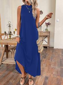 SHEIN LUNE Chất rắn Túi ẩn Váy ba lỗ - Màu xanh lam - Xem 7