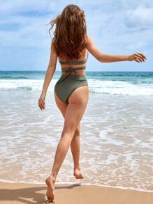 Swim Vcay Solid Criss Cross Halter Bikini Set For Summer Beach - Green - View 2