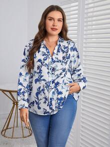 SHEIN Clasi 大碼印花缺口領襯衫 - 藍白色 - 查看 3