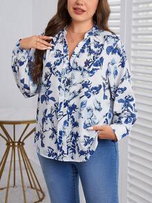 SHEIN Clasi 大碼印花缺口領襯衫 - 藍白色 - 查看 4
