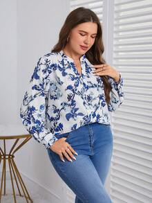 SHEIN Clasi 大碼印花缺口領襯衫 - 藍白色 - 查看 5