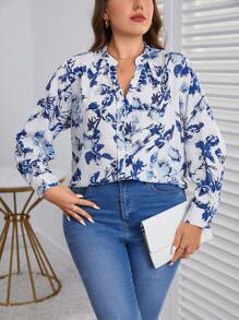 SHEIN Clasi 大碼印花缺口領襯衫 - 藍白色 - 查看 1