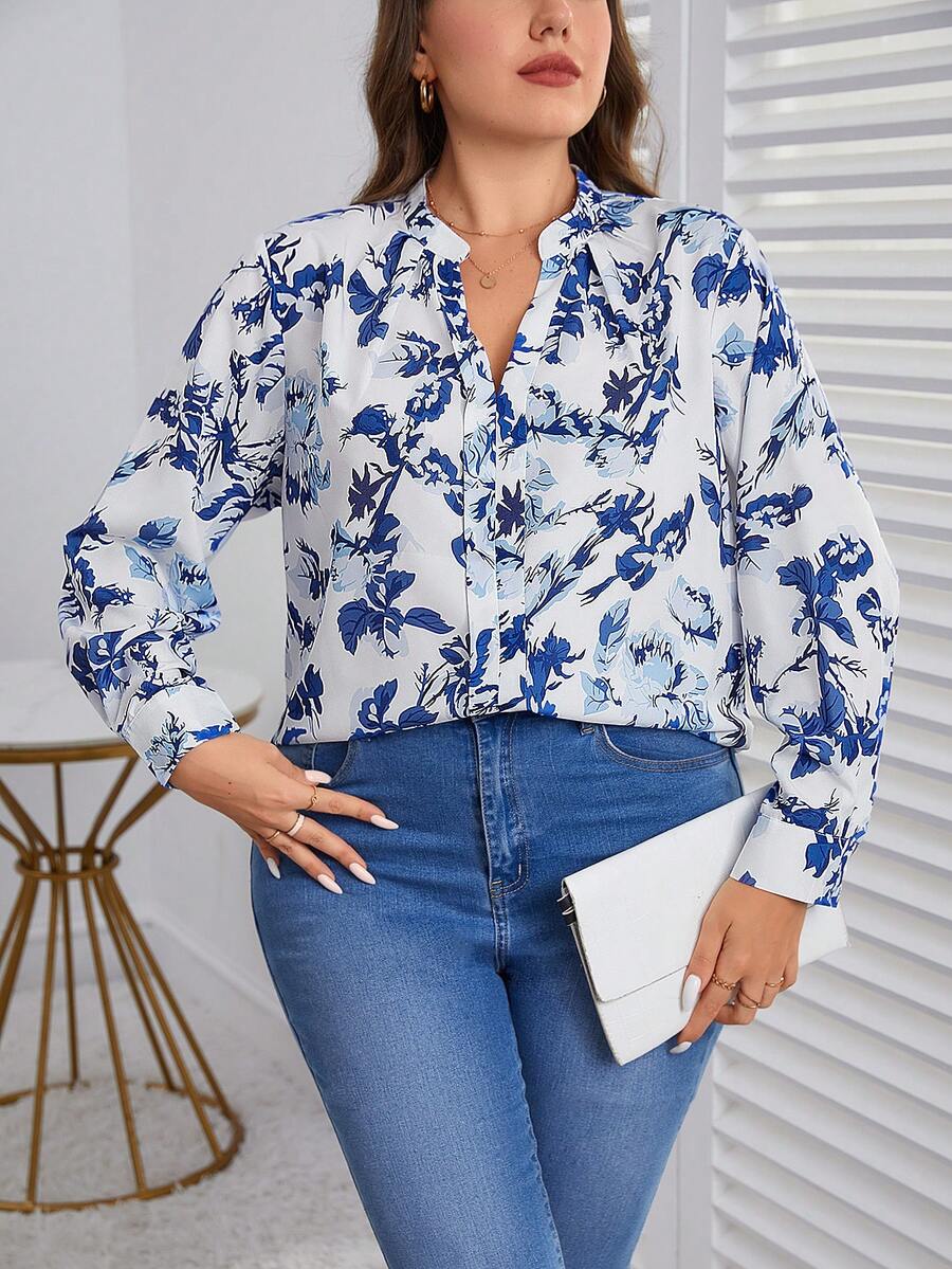 SHEIN Clasi 大碼印花缺口領襯衫 - 藍白色 - 查看 1