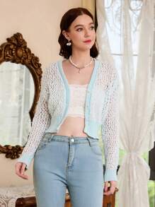 Aveloria Open Knit Button Front Crop Cardigan Fall Cloth For Women - Baby Blue - View 4