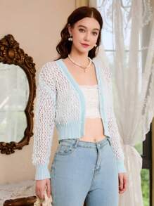 Aveloria Open Knit Button Front Crop Cardigan Fall Cloth For Women - Baby Blue - View 5