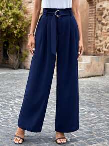SHEIN Frenchy Paperbag Waist Belted Straight Leg Suit Pants Blue - Navy Blue - View 1