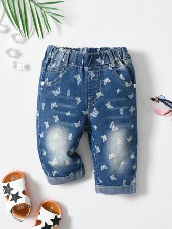 Young Girl Butterfly Print Elastic Waist Roll Hem Denim Shorts