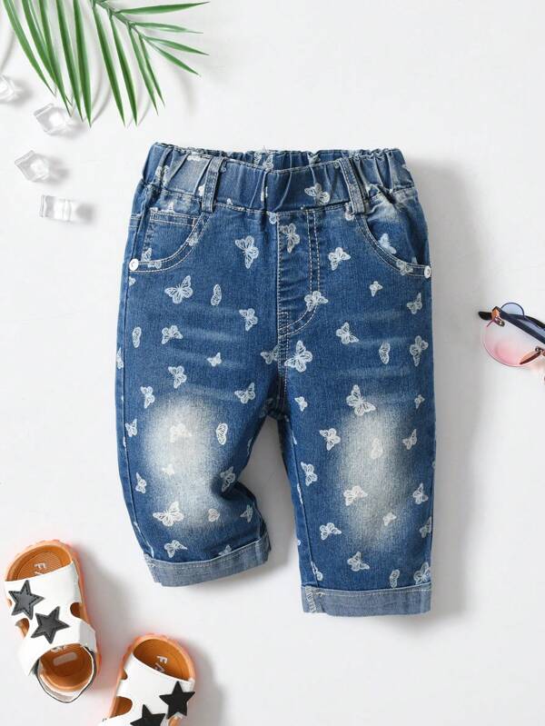 Young Girl Butterfly Print Elastic Waist Roll Hem Denim Shorts
