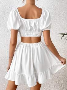 SHEIN VCAY 胸部褶皺腰部鏤空荷葉邊連衣裙 - 白色 - 查看 2