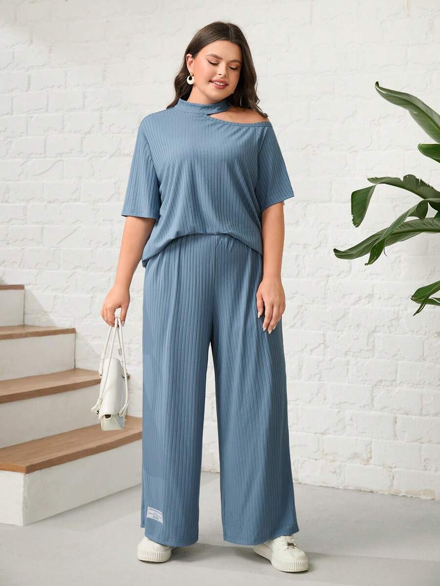 Mulvari Hơn Cổ không đối xứng Áo thun & Quần ống rộng - Màu xanh bụi bặm - Xem 1