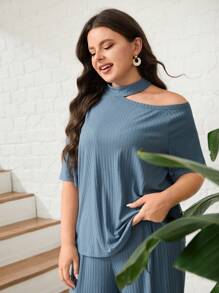 Mulvari Hơn Cổ không đối xứng Áo thun & Quần ống rộng - Màu xanh bụi bặm - Xem 2