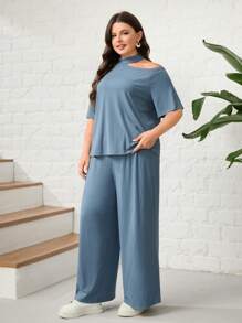 Mulvari Hơn Cổ không đối xứng Áo thun & Quần ống rộng - Màu xanh bụi bặm - Xem 3