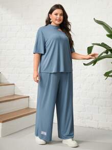 Mulvari Hơn Cổ không đối xứng Áo thun & Quần ống rộng - Màu xanh bụi bặm - Xem 4