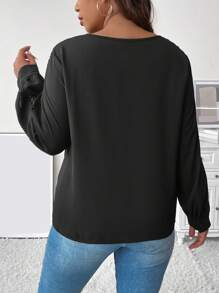 Calvaya Plus Guipure Lace Insert Lantern Sleeve Blouse - Black - View 2