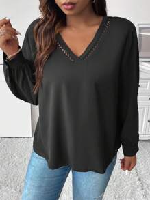 Calvaya Plus Guipure Lace Insert Lantern Sleeve Blouse - Black - View 3