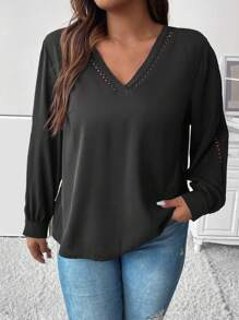 Calvaya Plus Guipure Lace Insert Lantern Sleeve Blouse - Black - View 6