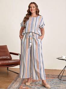 EMERY ROSE Plus Striped Batwing Sleeve Top & Wide Leg Belted Pants - Multicolor - View 1