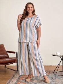 EMERY ROSE Plus Striped Batwing Sleeve Top & Wide Leg Belted Pants - Multicolor - View 3