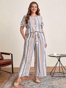 EMERY ROSE Plus Striped Batwing Sleeve Top & Wide Leg Belted Pants - Multicolor - View 5