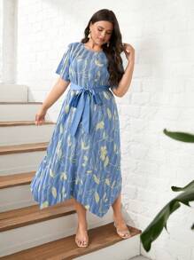 Mulvari Plus Allover Floral Print Hanky Hem Belted Dress